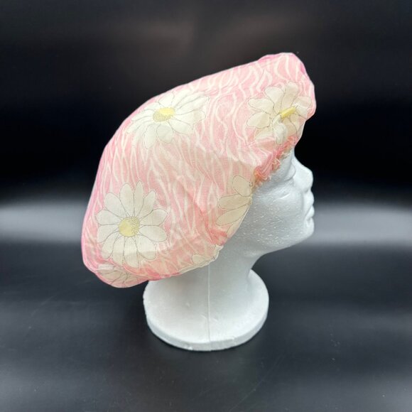 Vintage Shower Cap Flower Power 1970s Pink Floral Daisy Plastic Retro Head Hair - Picture 4 of 9